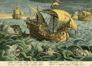 Representação mítica do mar tenebroso pelos europeus (século XV)